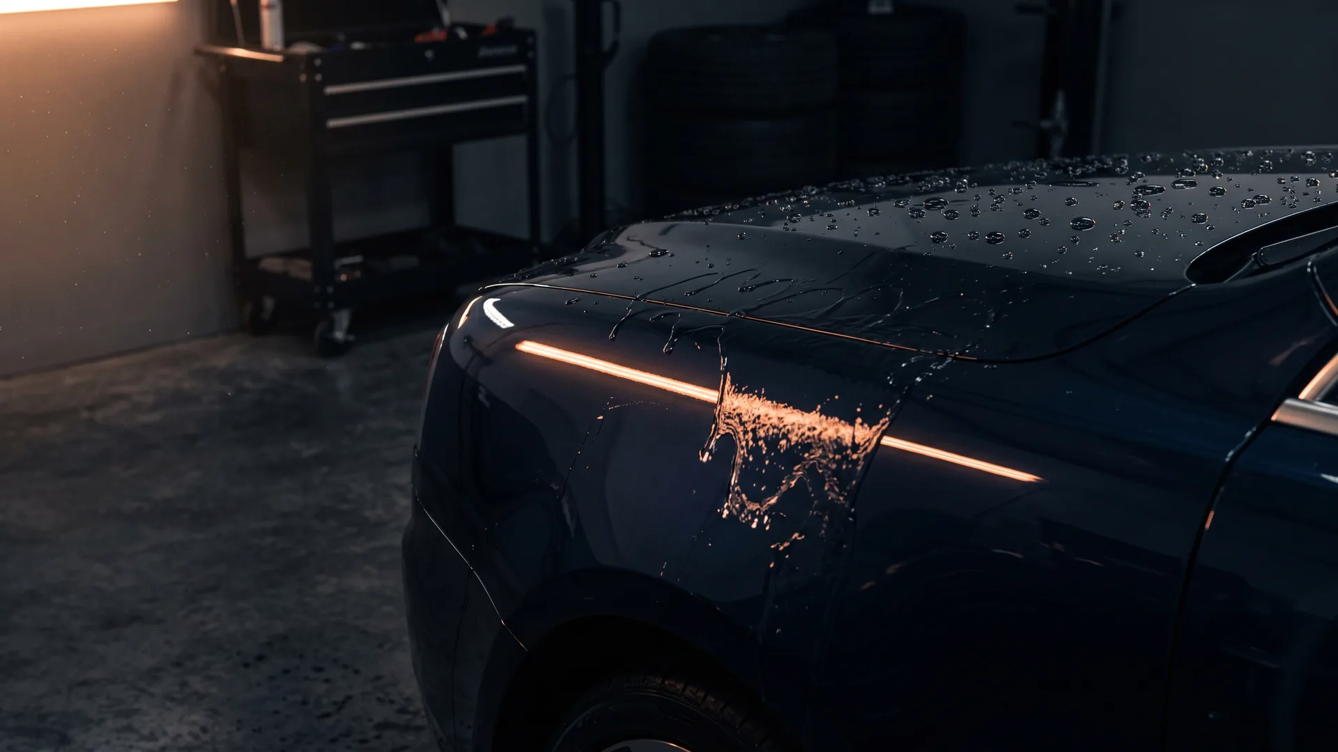 Water standing in tight, tall beads across the roof of a dark freshly coated car, and sheeting off the flank below it. A workshop strip light reflects along the panel as one sharp unbroken line.