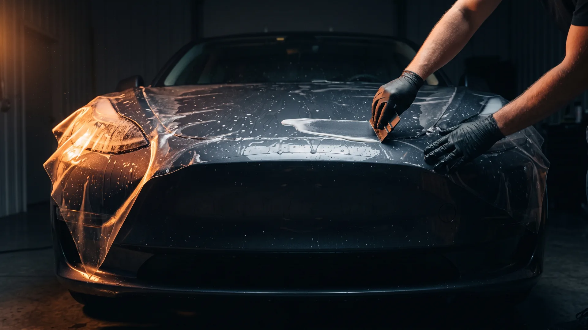 A large sheet of clear film being squeegeed down onto the wet hood of a dark car. Half of it is laid flat and already invisible against the paint; the other half is still lifted and catching the light.