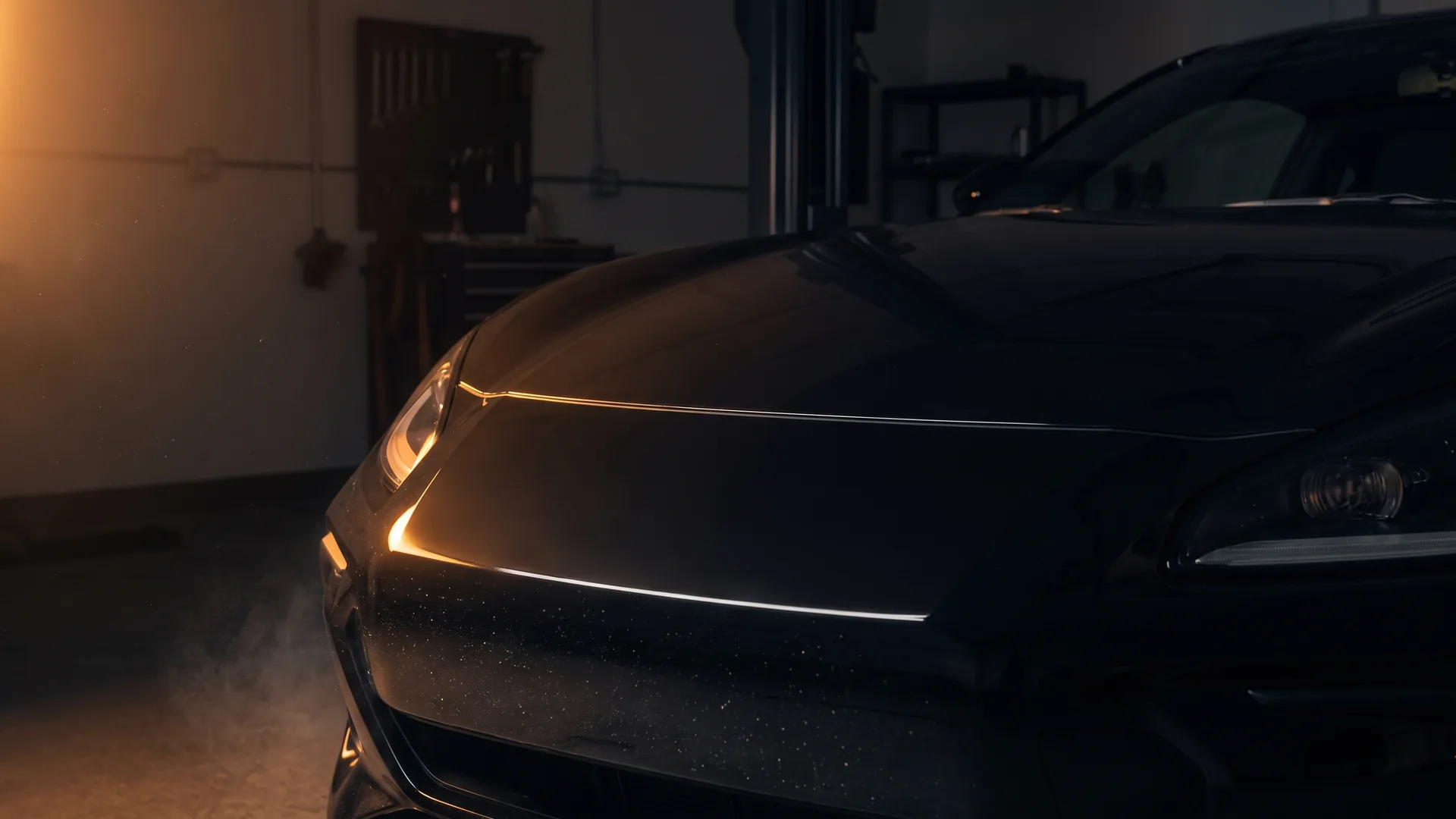 The front of a dark car in a workshop, lit hard from one side. A hairline of light runs along the leading edge of the hood — the only visible sign that film has been laid over it. Road mist and grit sit on the lower bumper.