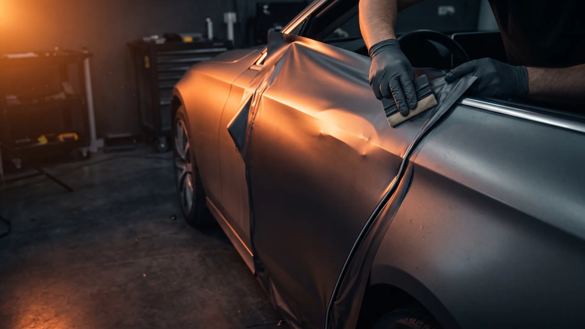 A large sheet of deep satin vinyl being worked down over a car's rear door and wing with a felt-edged squeegee, held in a gloved hand. The satin surface reads clearly as film rather than paint.