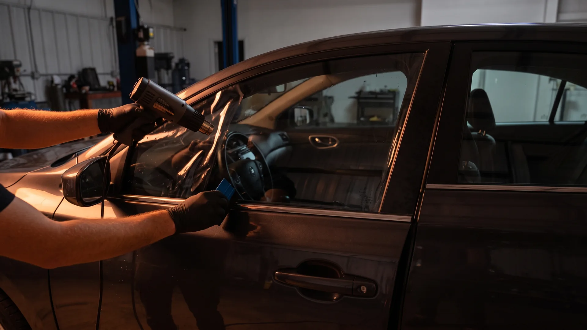 A tinter working film onto a car's door glass, a heat gun in one hand and a squeegee in the other. The steering wheel and door card are clearly visible through the film.