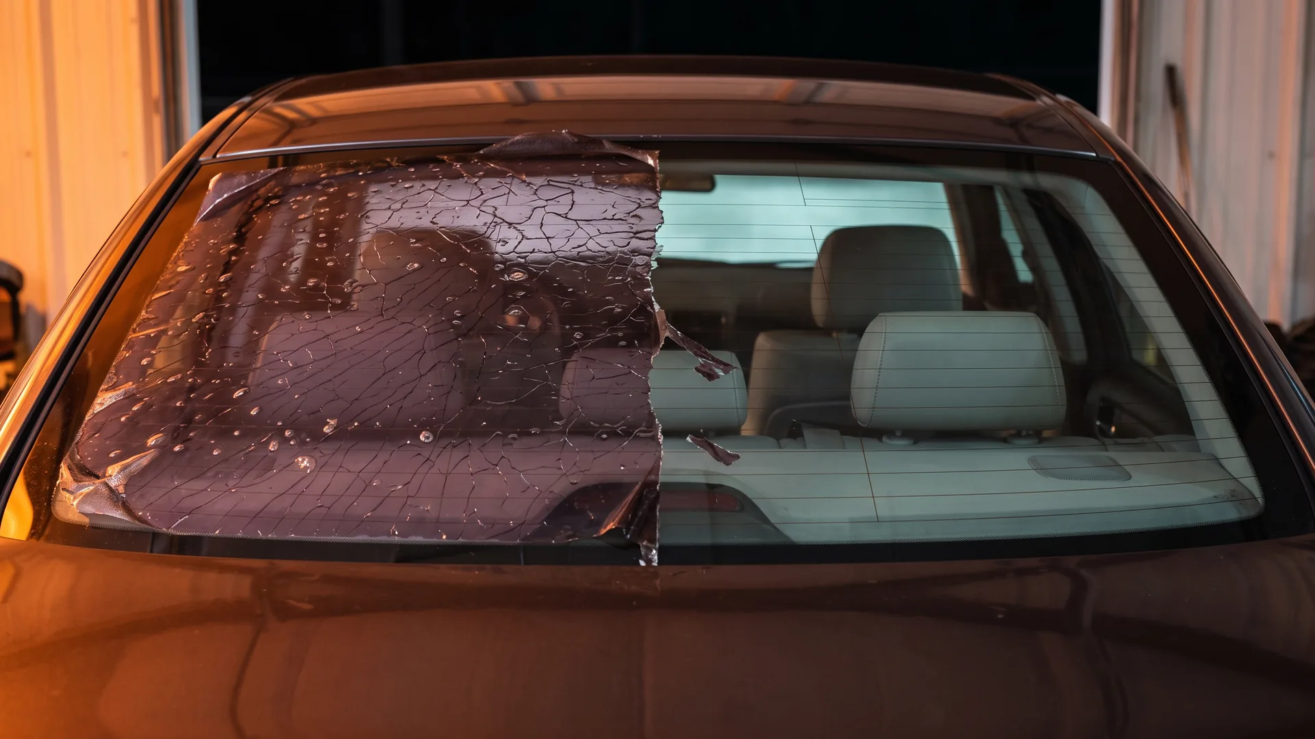 A long sheet of old purpled tint being peeled away from a car's rear glass, the stripped section behind it clear and the degraded film curling off in one piece.