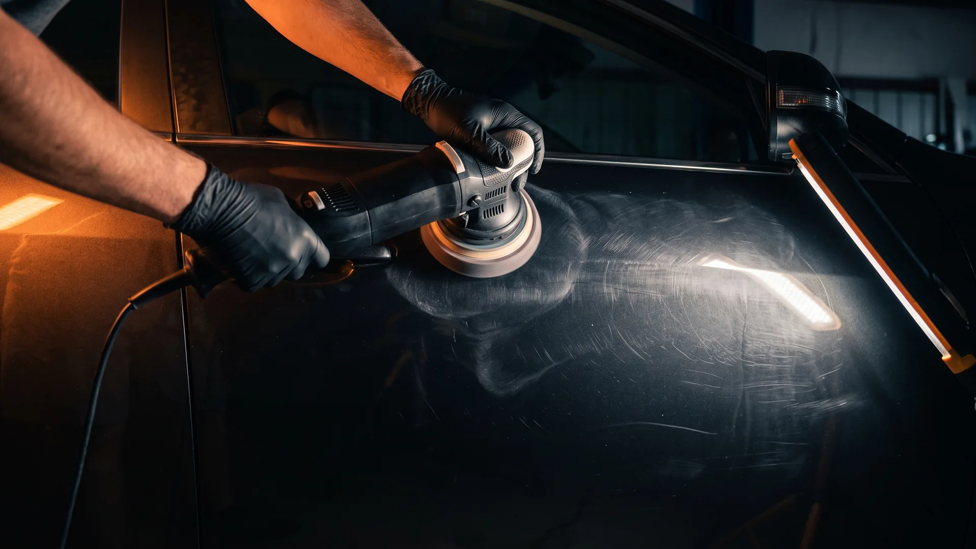 A dual-action polisher with a foam pad working a dark car panel, polish haze around the pad and an inspection lamp raking across the paint so the fine swirls are visible.